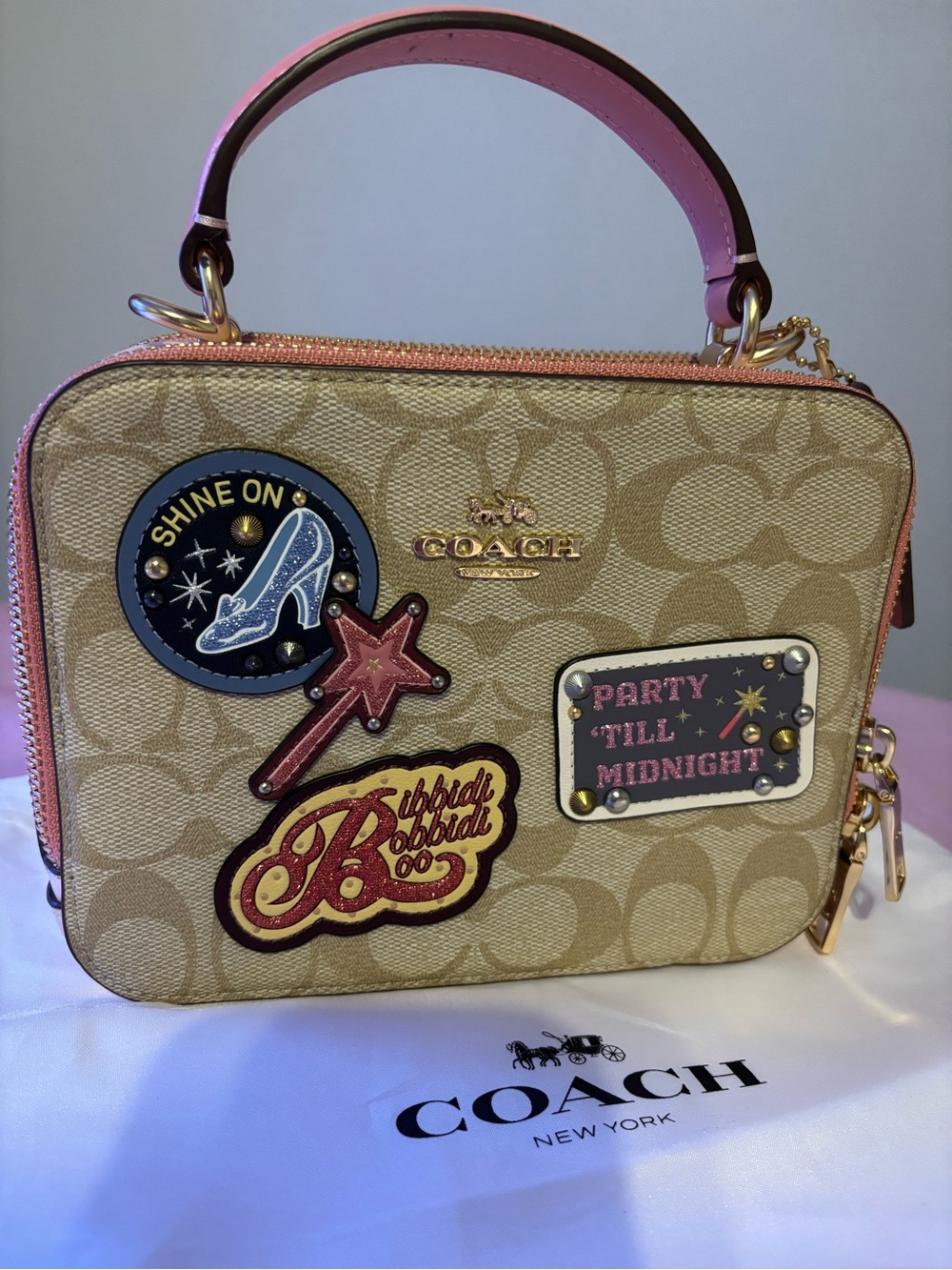 NWT Disney x Coach Cinderella Patches Box Crossbody Bag Signature Canvas C1426